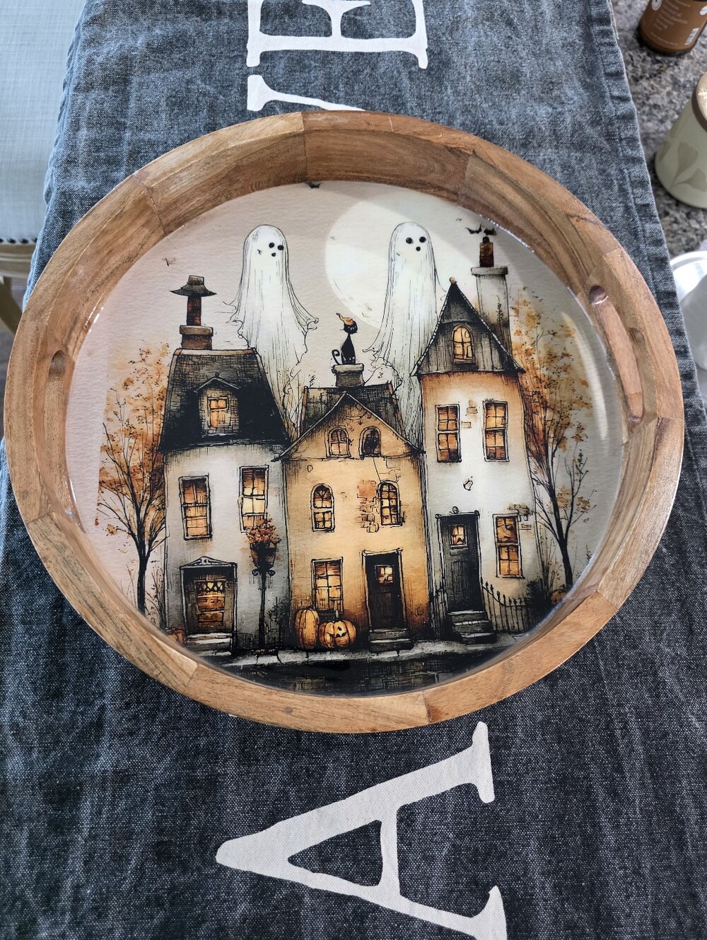 Hallow’s Eve Halloween Acacia Wood Round Tray Haunted Houses Ghosts India